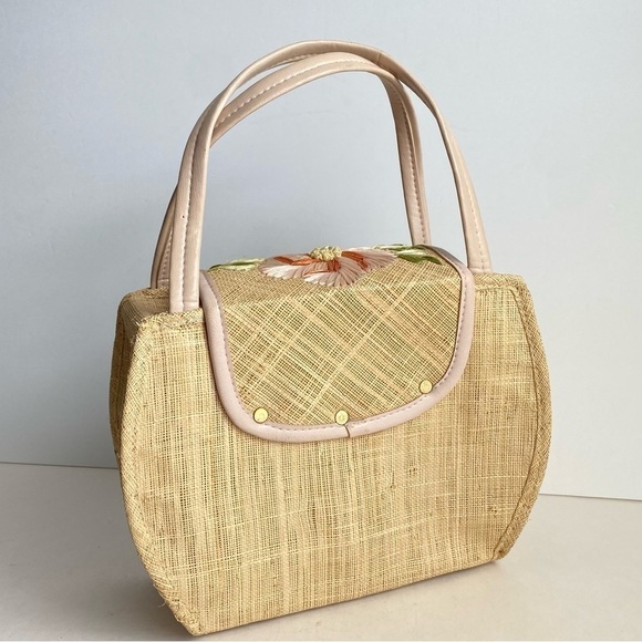 Vintage 50s 60s Straw Raffia Purse Floral Top Handle Bag Summer Beach Handbag - Picture 6 of 11